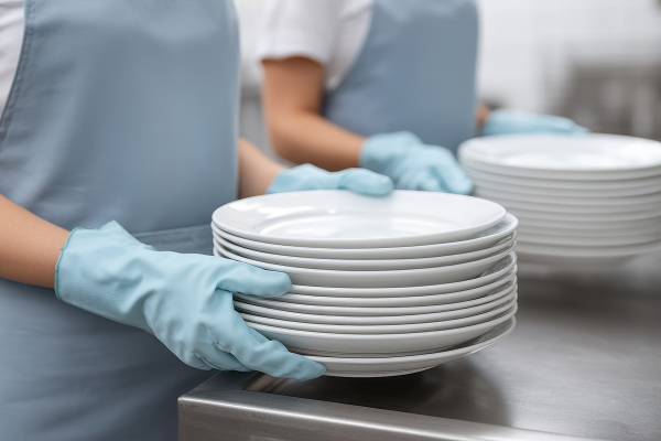 Gloved hands holding a stack of dishes