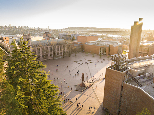 Aerial photo of Red Square at the University of Washington Seattle at sunset