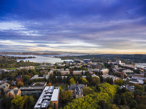 Aerial view of campus and lake washington